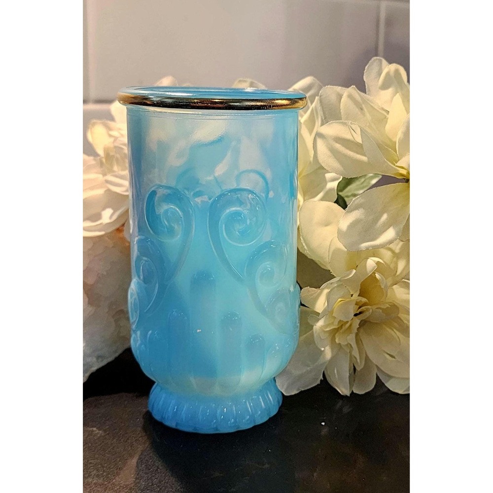 Vintage Avon Bristol Blue Opaline Glass Vase 1970s Art Deco Swirl Gold Rim Cup